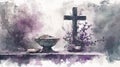 Artistic watercolor depiction of an Ash Wednesday altar scene, cross of ashes, and purple accents, serene and Royalty Free Stock Photo