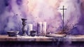 Artistic watercolor depiction of an Ash Wednesday altar scene, cross of ashes, and purple accents, serene and