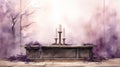 Artistic watercolor depiction of an Ash Wednesday altar scene, cross of ashes, and purple accents, serene and