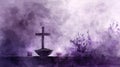 Artistic watercolor depiction of an Ash Wednesday altar scene, cross of ashes, and purple accents, serene and Royalty Free Stock Photo