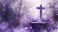 Artistic watercolor depiction of an Ash Wednesday altar scene, cross of ashes, and purple accents, serene and Royalty Free Stock Photo