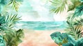 Artistic Watercolor Depiction of a Tropical Beach with Palm Trees on a Sunny Day