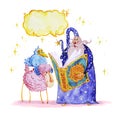 Artistic watercolor hand drawn magic illustration with stars, tall wizard, blue crow, pink sheep, speech bubble and spell book Royalty Free Stock Photo