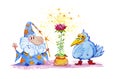 Artistic watercolor hand drawn magic illustration with stars, wizard, blue crow and pink flower