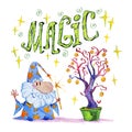 Artistic watercolor hand drawn magic illustration with stars, wizard and magic tree on white background. Royalty Free Stock Photo