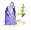 Artistic watercolor hand drawn magic illustration with stars, wizard with magic wand conjuring magic diamond