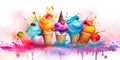 Artistic Watercolor Ice Cream Background With Blended Brushstrokes, Drips, And Splatters In Vibrant Hues. Generative AI