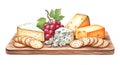 Artistic watercolor illustration of a gourmet cheese board with grapes crackers and various cheeses on a wooden platter Royalty Free Stock Photo