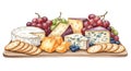 Artistic watercolor illustration of a gourmet cheese board with various cheeses crackers and grapes on a wooden platter Royalty Free Stock Photo