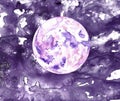 Artistic watercolor illustration of purple and pale pink full moon in dark night sky.