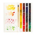 Artistic watercolor paint and brush in plastic box with palette