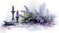 Artistic watercolor painting of an Ash Wednesday scene, featuring a candle, ash cross, and purple flowers, tranquil and