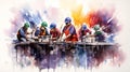 artistic watercolor painting depicting a team of workmen collaborating on a project, AI Generated