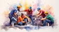 An artistic watercolor painting depicting a team of workmen collaborating on a project, AI-Generated