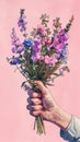 Artistic watercolor painting of a hand presenting a vibrant bouquet of lavender flowers against a pink background