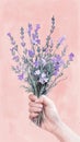 Artistic watercolor painting of a hand presenting a vibrant bouquet of lavender flowers against a pink background