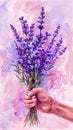 Artistic watercolor painting of a hand presenting a vibrant bouquet of lavender flowers against a pink background