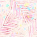 Artistic watercolor palm leaves, pastel colored confetti seamless pattern