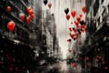 Artistic watercolor portrayal of red and black balloons cascading like a rain of color, instantly drawing attention and creating a