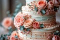 Artistic wedding cake with roses and eucalyptus, perfect for culinary. AI Generated