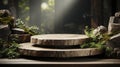 Artistic Wooden Podium with Stone Accents in a Dramatic Spotlight.