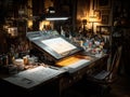 Artistic Workspace with Drafting Table, Tools, and Bright Lighting Royalty Free Stock Photo