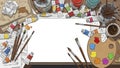 Artistic Workspace with Paints Brushes and Blank Canvas for Creative Expression Royalty Free Stock Photo