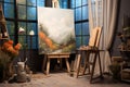 Artistic workspace Studio interior with wooden easel, blank canvas masterpiece