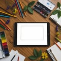 Artistic workspace with a tablet featuring Royalty Free Stock Photo