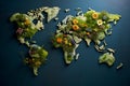 Artistic world map with lush greenery and flowers depicting eco-diversity and global conservation