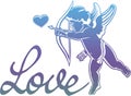 Artistic written single word `Love!` and Cupid hunting for hearts.