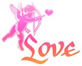 Artistic written single word `Love!` and Cupid hunting for hearts.