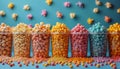 Artistically arranged colorful gourmet popcorn in clear containers against a teal backdrop