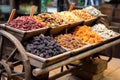 artistically arranged dried fruits for sale on a wooden cart