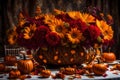 An artistically arranged Thanksgiving flower centerpiece, crafted with precision and creativity, as a stunning focal point on a