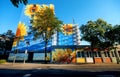 Artistically painted house, skyscraper with sunflower blossoms on blue house wall, mural painting, in Wuppertal Oberbarmen,