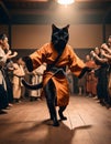 a black cat is wearing a karate uniform and dancing in front of a group of people