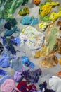 Artists acrylic paint palette close up semi abstract full frame Royalty Free Stock Photo