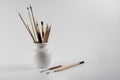 artists brushes and sketching pencils in a vase isolated on a white background Royalty Free Stock Photo