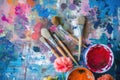 artists colorful brushes and oil paints on wooden palette. Top view. Copy space. Ai generative Royalty Free Stock Photo