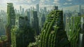 An artists depiction of a bustling city its skyline filled with buildings adorned with green roofs. These roofs are