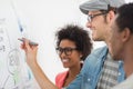 Artists in discussion in front of whiteboard Royalty Free Stock Photo