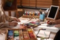 Artists drawing with soft pastels at table, closeup Royalty Free Stock Photo