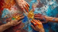 Artists\' hands unite encircling, collaboratively mixing diverse colors, AI Generated Royalty Free Stock Photo