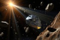 artists impression of solar sail-assisted asteroid mining