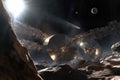 artists impression of solar sail-assisted asteroid mining