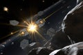 artists impression of solar sail-assisted asteroid mining