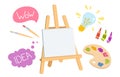 Artists painting supplies cartoon speech bubble vector Royalty Free Stock Photo