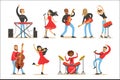 Artists Playing Music Instruments And Singing On Stage Concert Set Of Musicians Cartoon Vector Characters