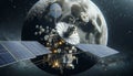 Artists Rendering of Space Station in orbiting around barren moon. Concept Space Exploration